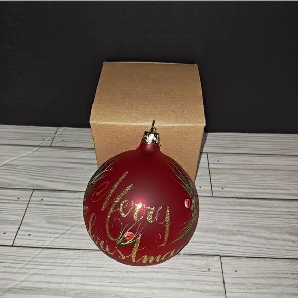 Christmas Holiday Tree Glass Ornament Red Merry Christmas Pinecone Made In Italy - Picture 1 of 8